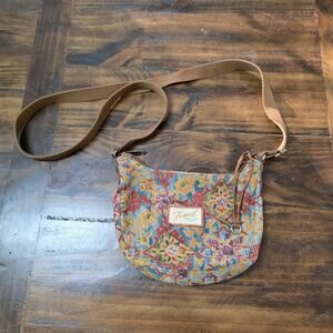 Vintage Fossil Tapestry Woven Crossbody Hobo Bag Floral Patchwork Leather